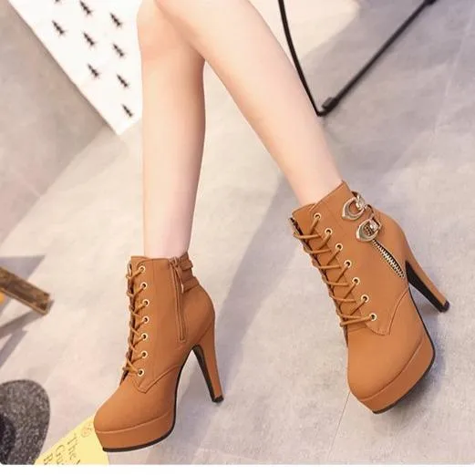 Women's sexy stiletto high heel platform booties zipper front lace ankle boots