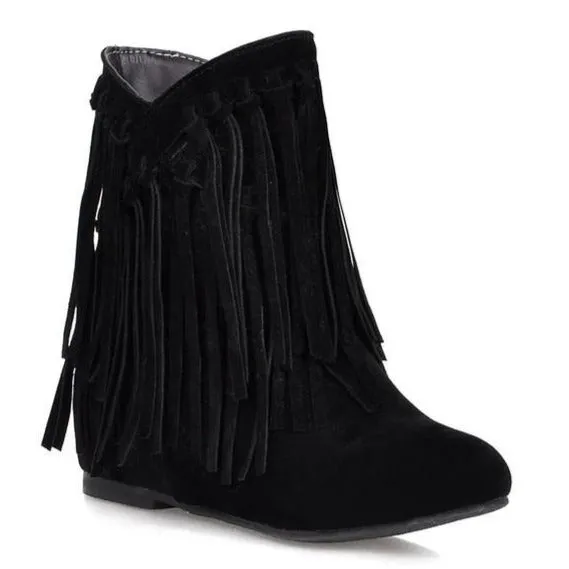 Women's suede flat fringe ankle boots